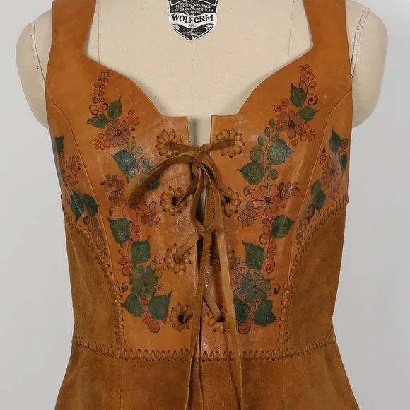 Vintage CHAR Leather Dress 70s Hippie Boho Handmade Hand Painted Florals - Picture 6 of 7